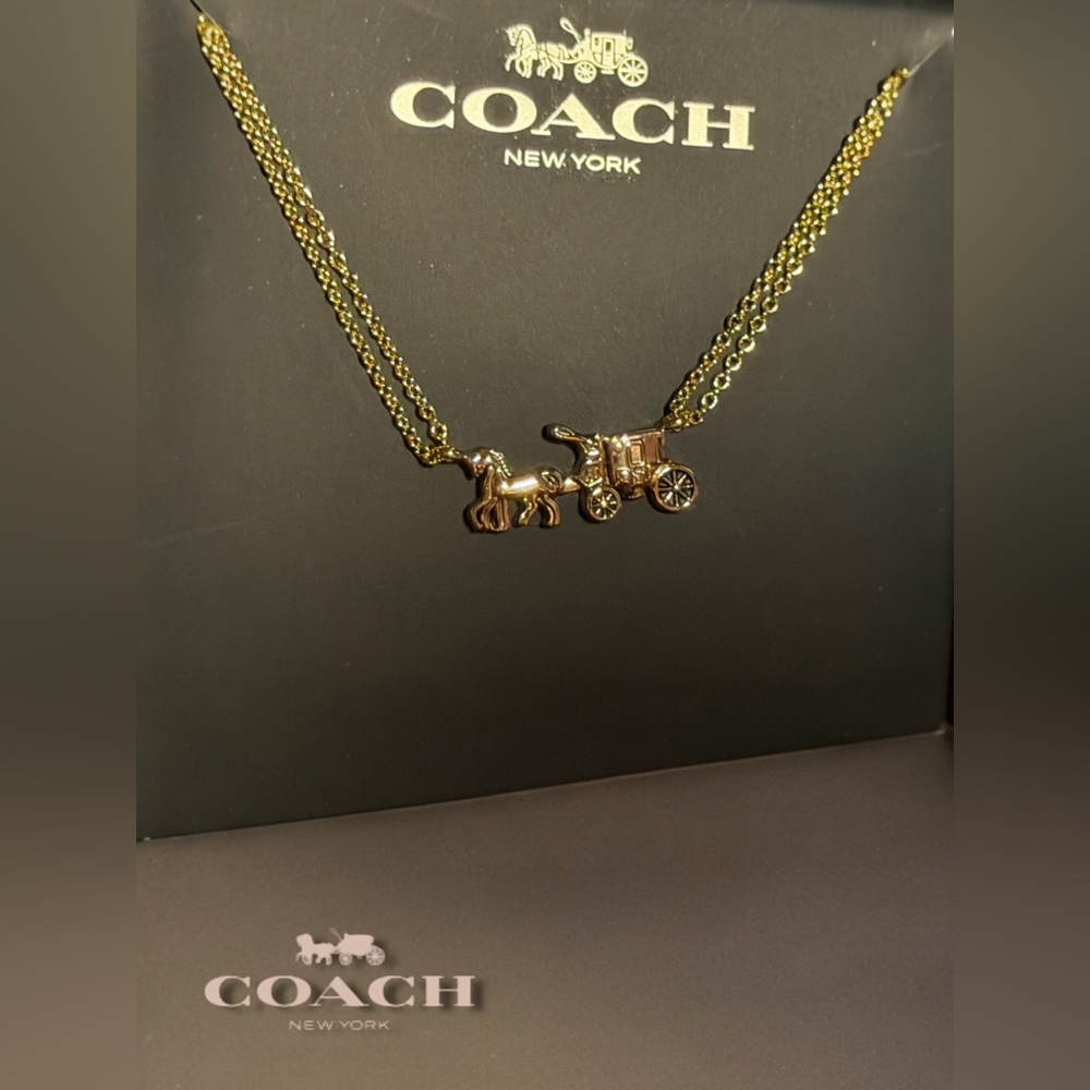 COACH NEW YORK DOUBLE
CHAIN HORSE AND CARRIAGE GOLD TONE
NECKLACE new in box! 🐎